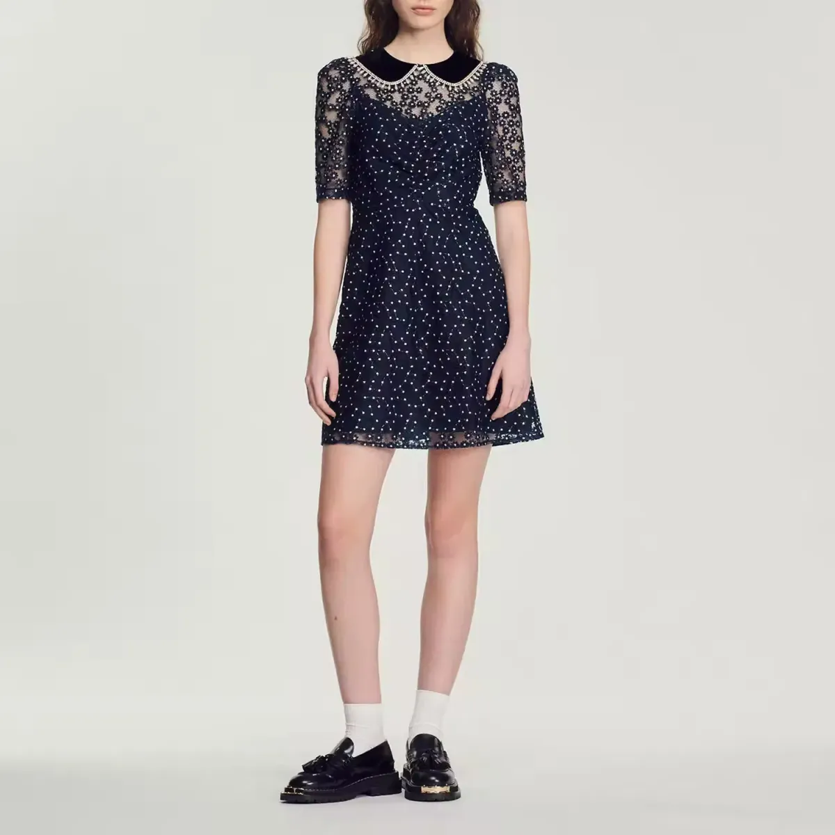 Sandro Lucianita Embellished Lace Mini Dress Midnight Blue Size 8 for rent on The Volte - main image