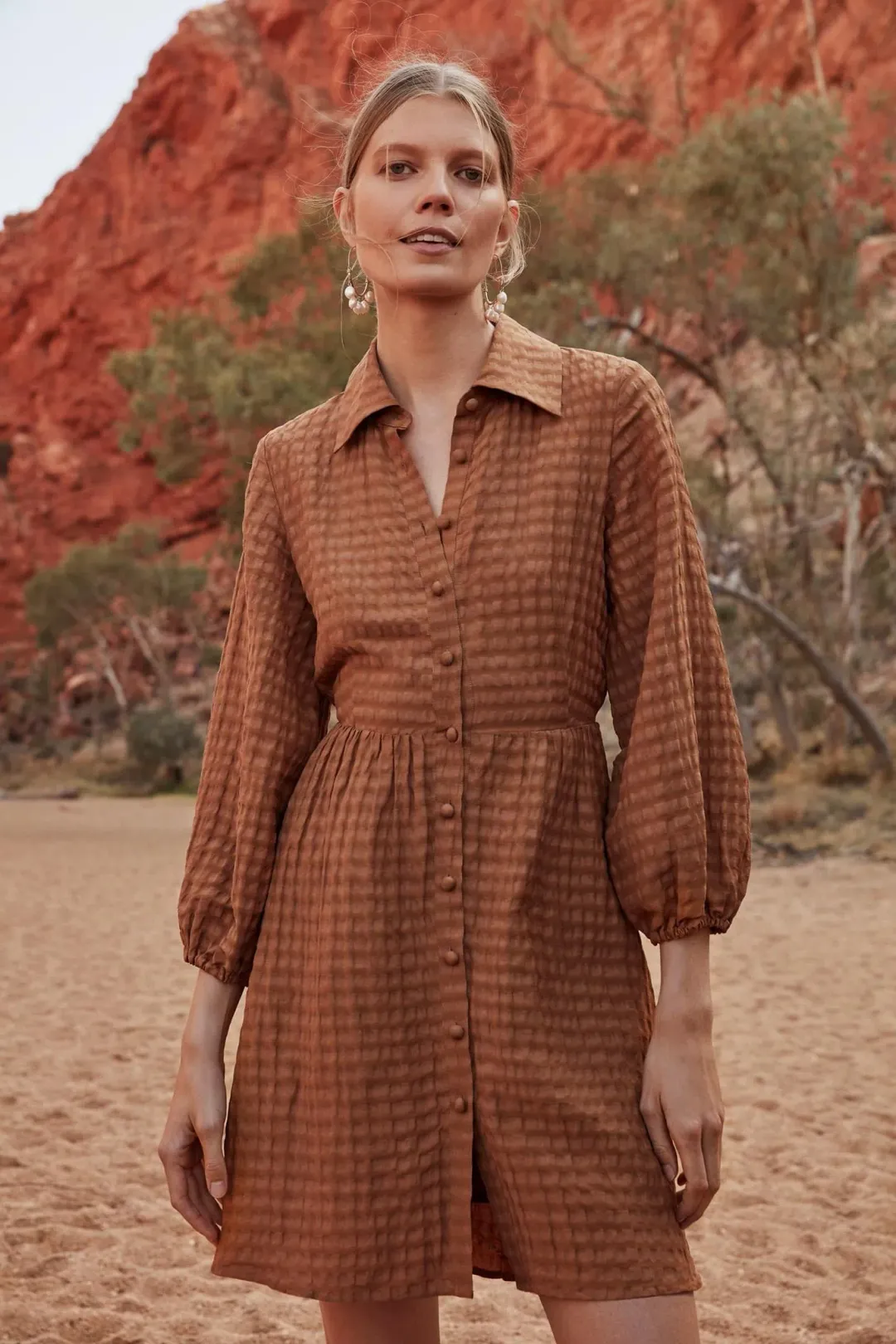 Country Road Puff Sleeve Mini Dress Brown Size 10 for rent on The Volte - main image