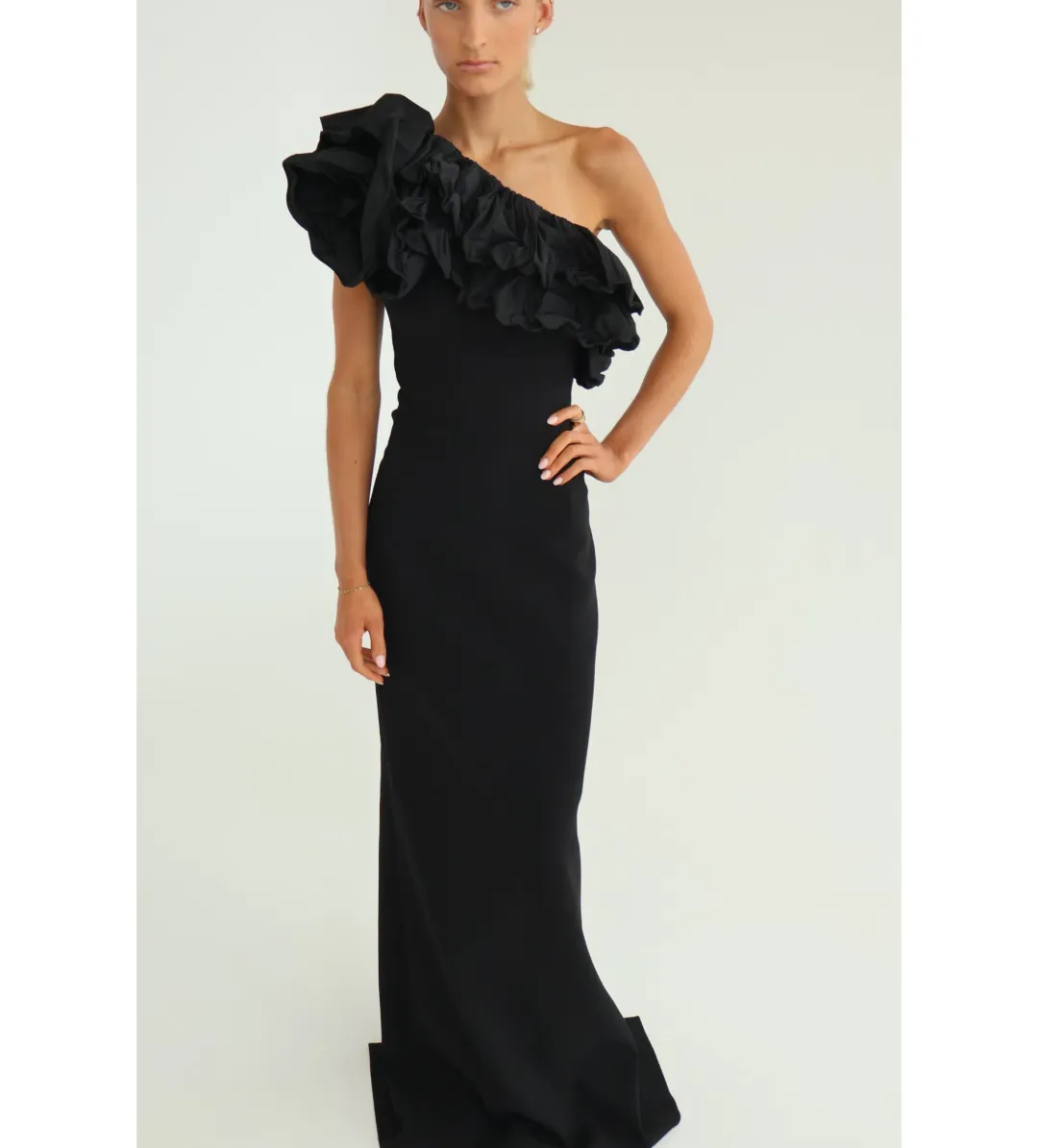 Rebecca Vallance Chloe One-Shoulder Taffeta-Trimmed Stretch Gown Black Size 6 for rent on The Volte - main image
