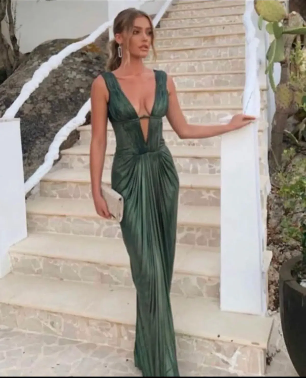 Roberto Cavalli Low V Neck Dress Green Metallic Size 8 for rent on The Volte - main image
