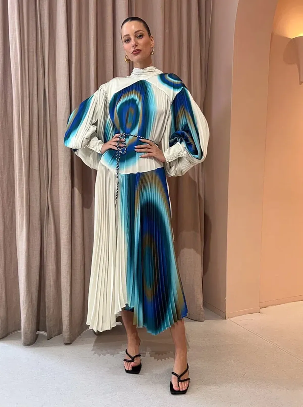 Alemais Una Pleated Midi Dress in Pearl/Teal Size 14 for rent on The Volte - main image