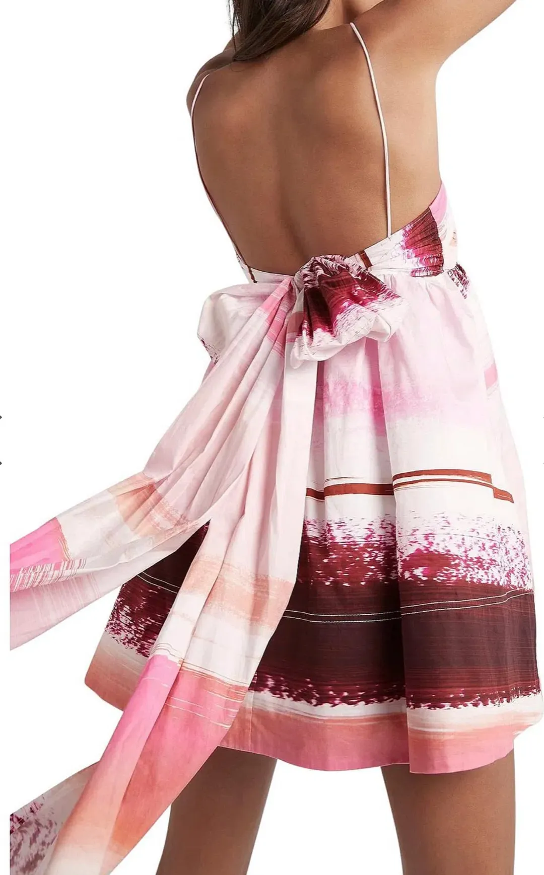 Aje Kasbah Sunset Stripe Ruched Bow Back Mini Dress Pink Print Size 4 for rent on The Volte - main image