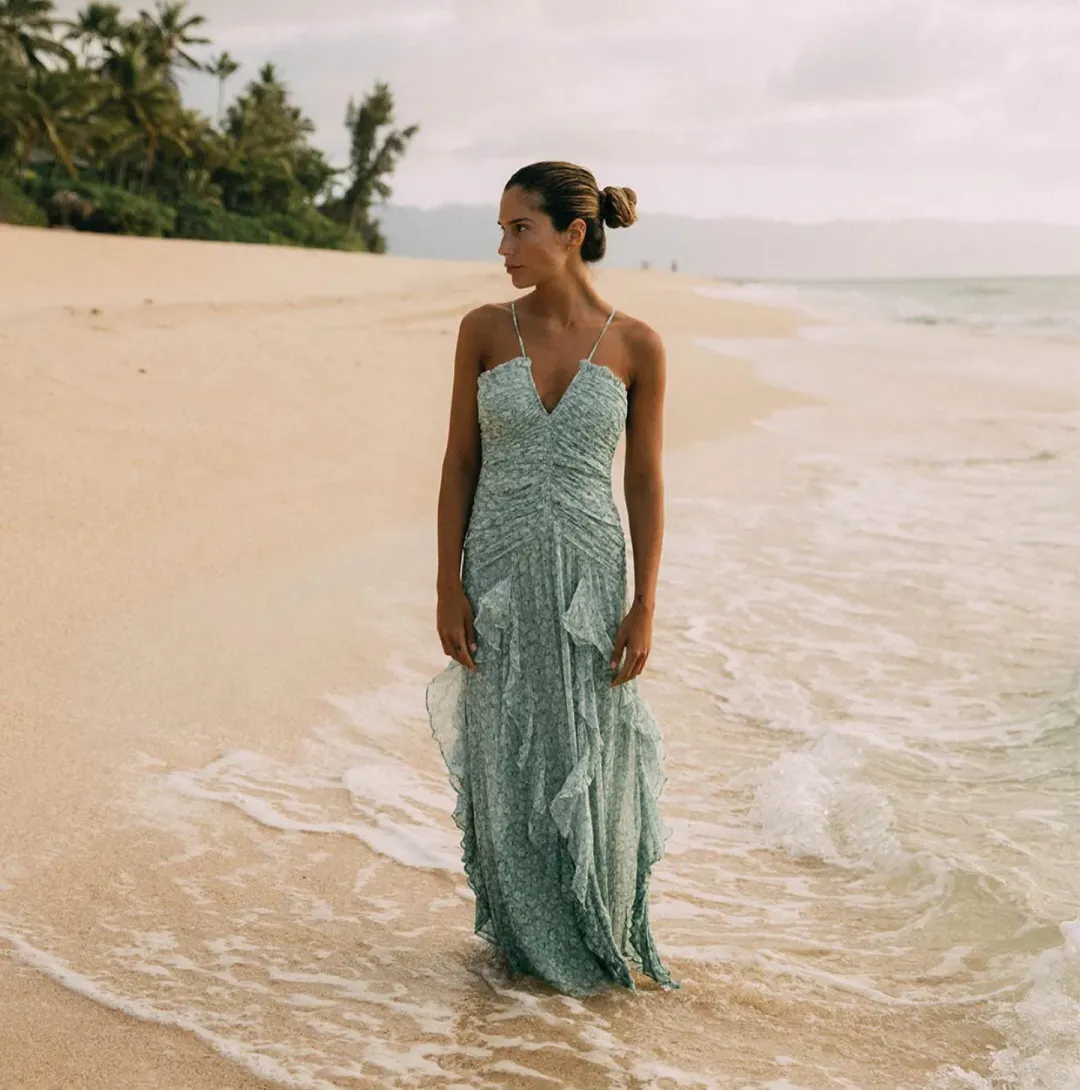 Shona Joy Aurore Ruched Frill Maxi Dress Green Floral - Size 10 for rent on The Volte - main image