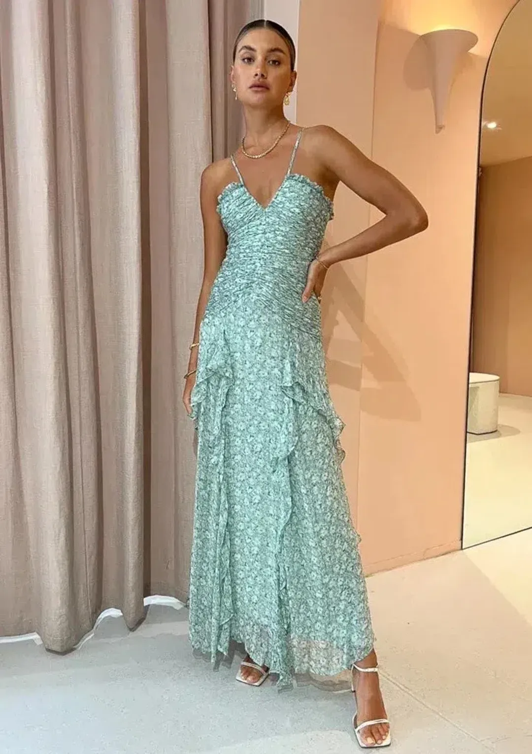 Shona Joy Aurore Ruched Frill Maxi Dress Green Floral - Size 10 for rent on The Volte - main image