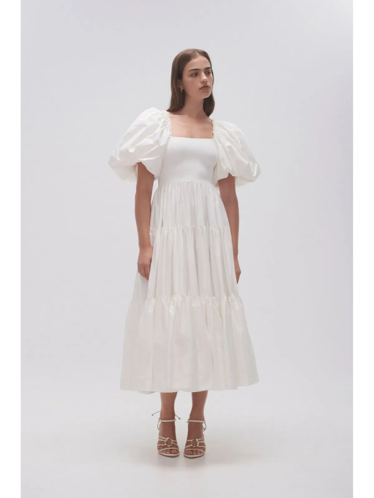 Aje Casa Puff Sleeve Midi Dress in Ivory Size AU 8 for rent on The Volte - main image