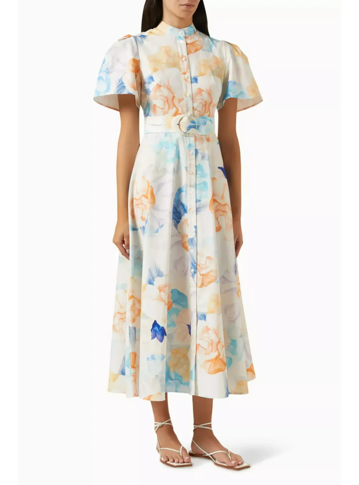 Leo Lin Bianca Short Sleeve Midi Dress Rosebud Floral Print in Cream Size AU 12 for rent on The Volte - main image