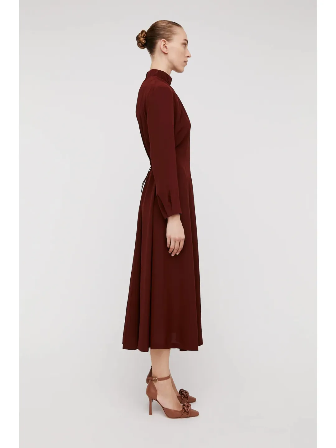 Scanlan Theodore Silk Gather Neck Dress in Burgundy Size AU 6 for rent on The Volte - main image