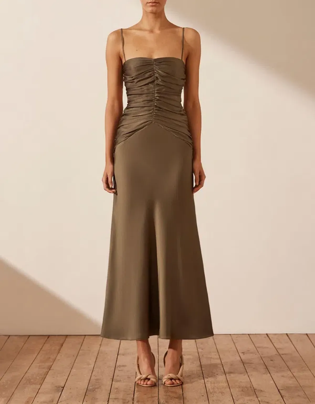 Shona Joy Luxe Ruched Bodice Midi Dress in Pine Size 10 for rent on The Volte - main image