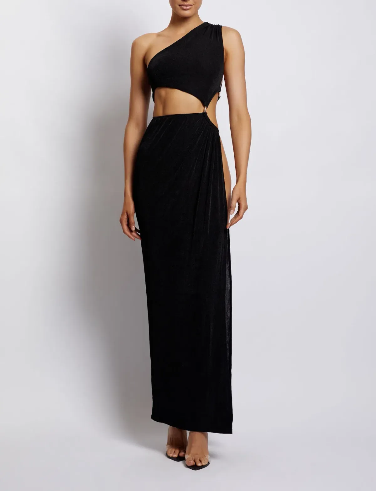 Meshki Paige Ruched Side Cut Out Maxi Dress in Black Size S / AU 8  for rent on The Volte - main image
