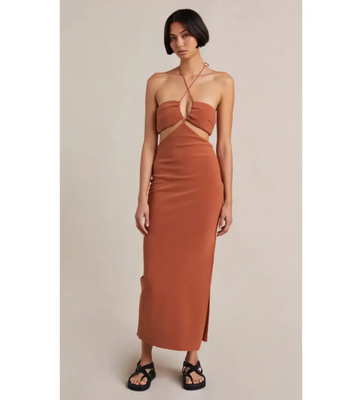Bec & Bridge Alba Cut Out Midi Dress Terracotta Size AU 6 for rent on The Volte - main image