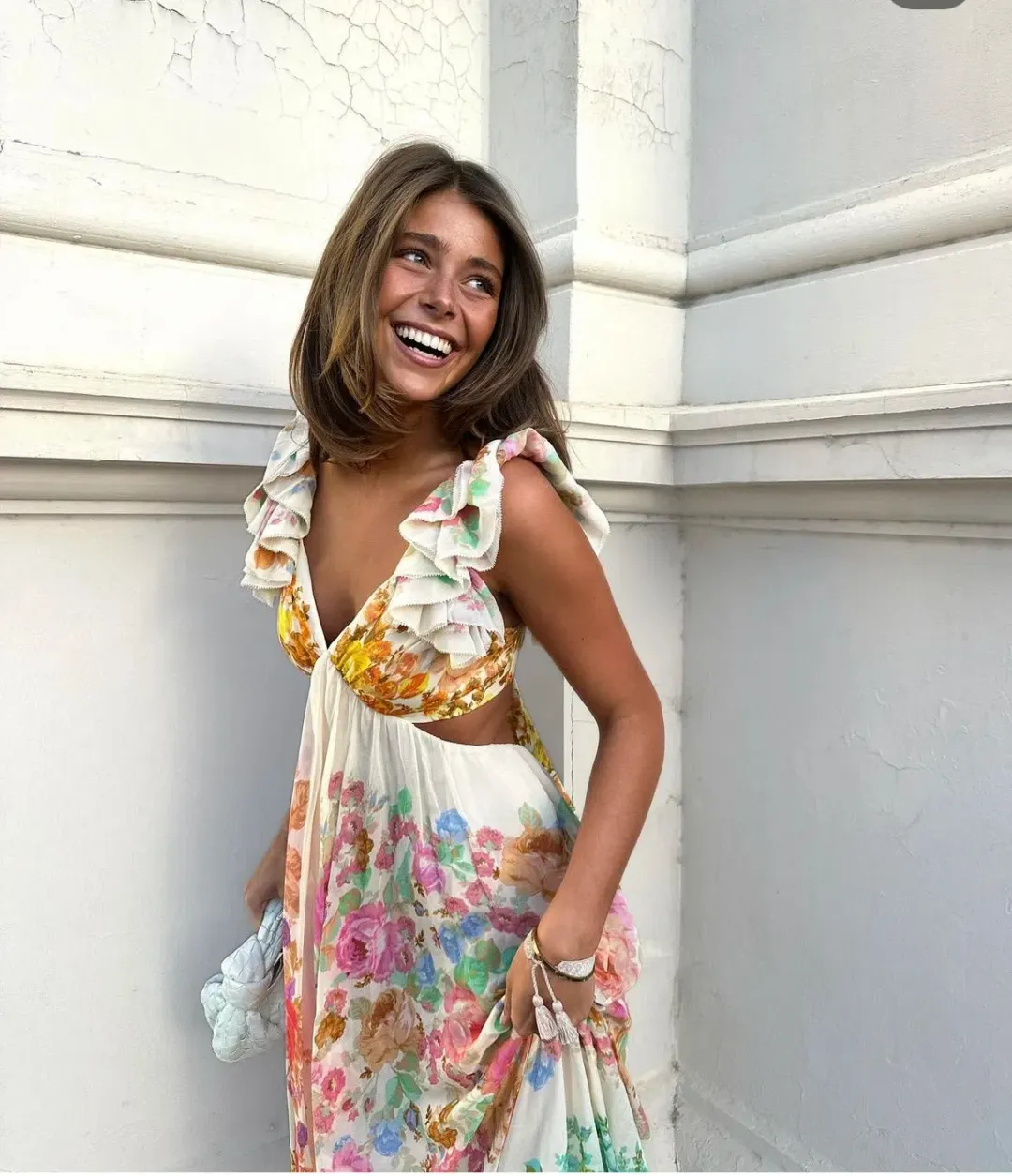 Zimmermann Raie Frill Shoulder Midi Dress Multi Floral Size 0P / AU 6 for rent on The Volte - main image