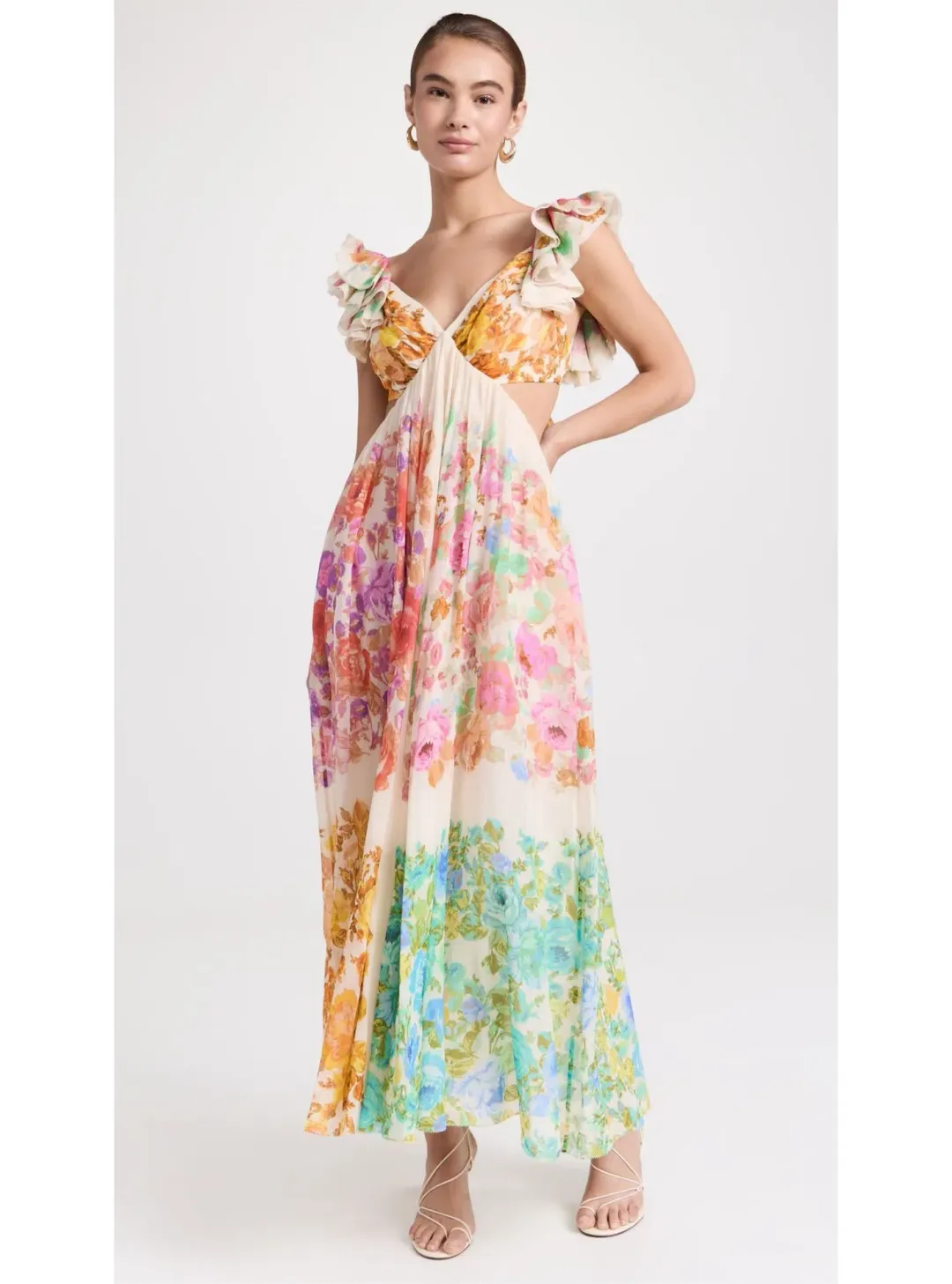 Zimmermann Raie Frill Shoulder Midi Dress Multi Floral Size 0P / AU 6 for rent on The Volte - main image