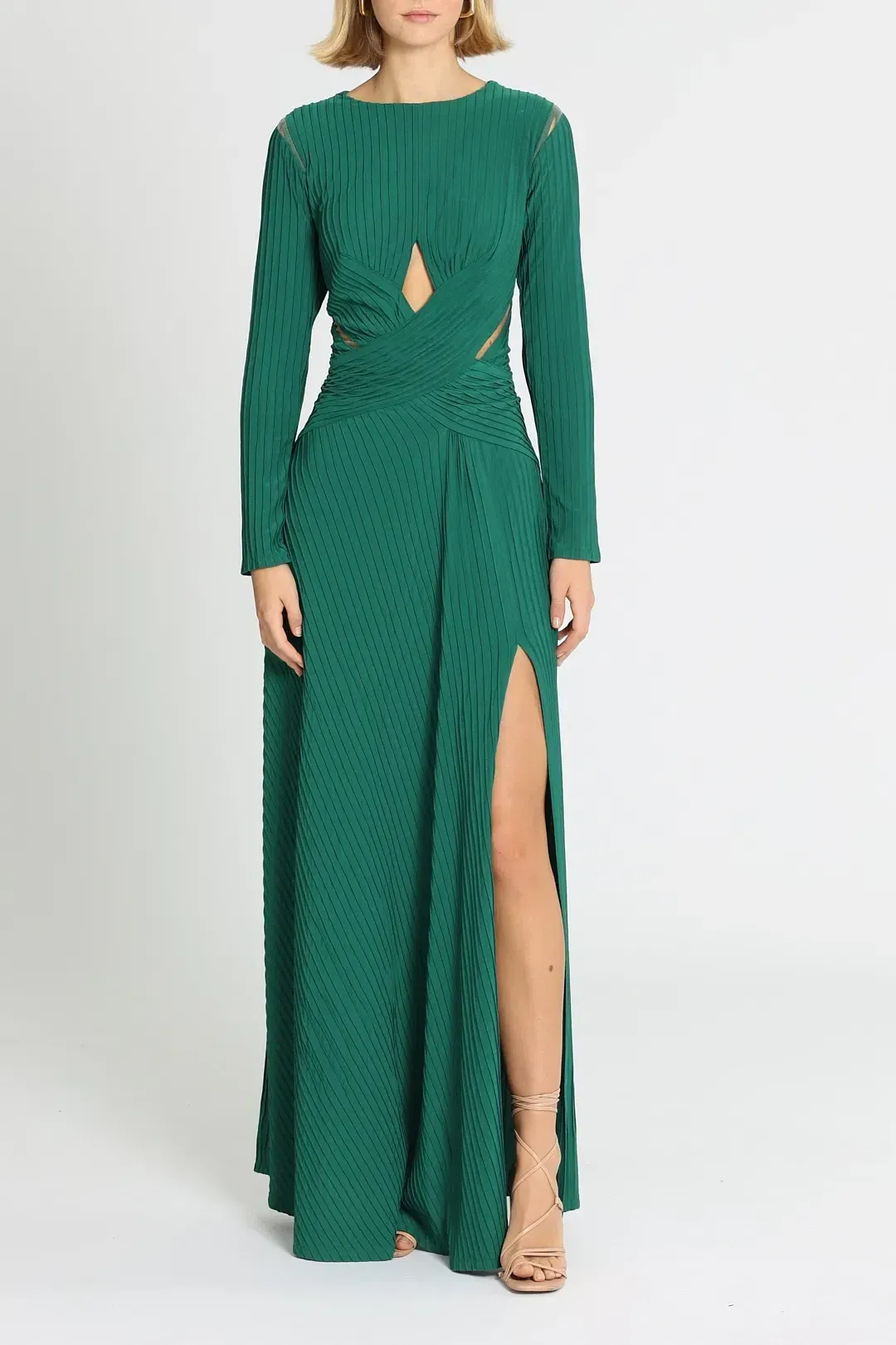 Tadashi Shoji Bollani Pintuck Cutout Gown in Forest Size 10 for rent on The Volte - main image