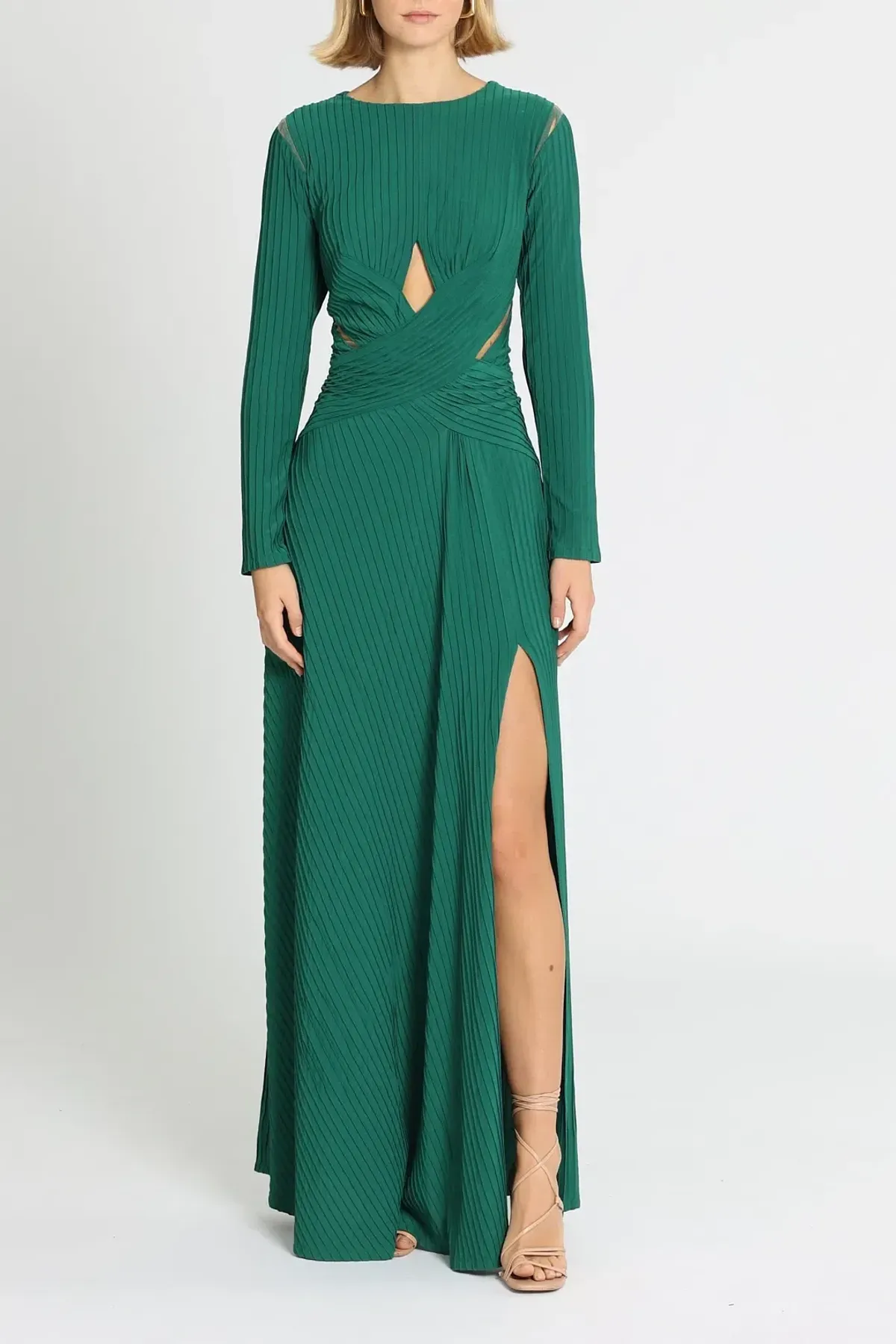 Tadashi Shoji Bollani Pintuck Cutout Gown in Forest Size 10 for rent on The Volte - main image