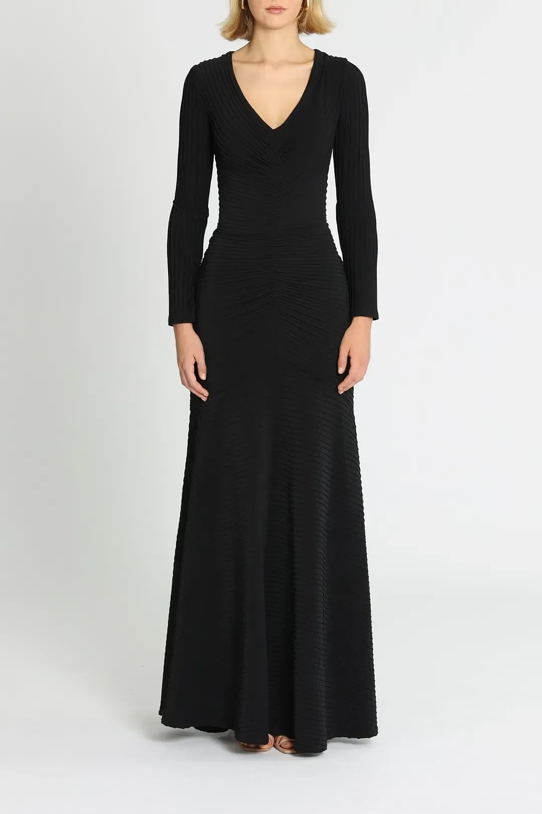 Tadashi Shoji Elias Long Sleeve Pintuck Gown in Black Size 16 for rent on The Volte - main image