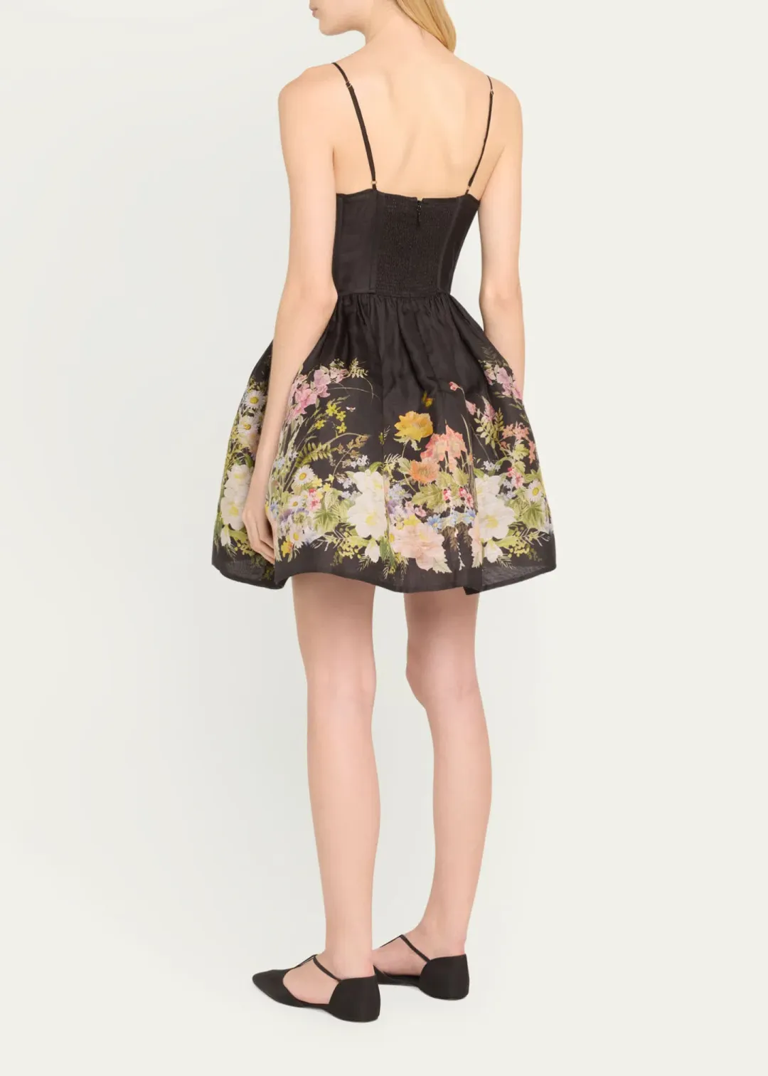 Zimmermann Natura Ruched Mini Dress in Black Wild Flowers Size 0 / AU 8 for rent on The Volte - main image