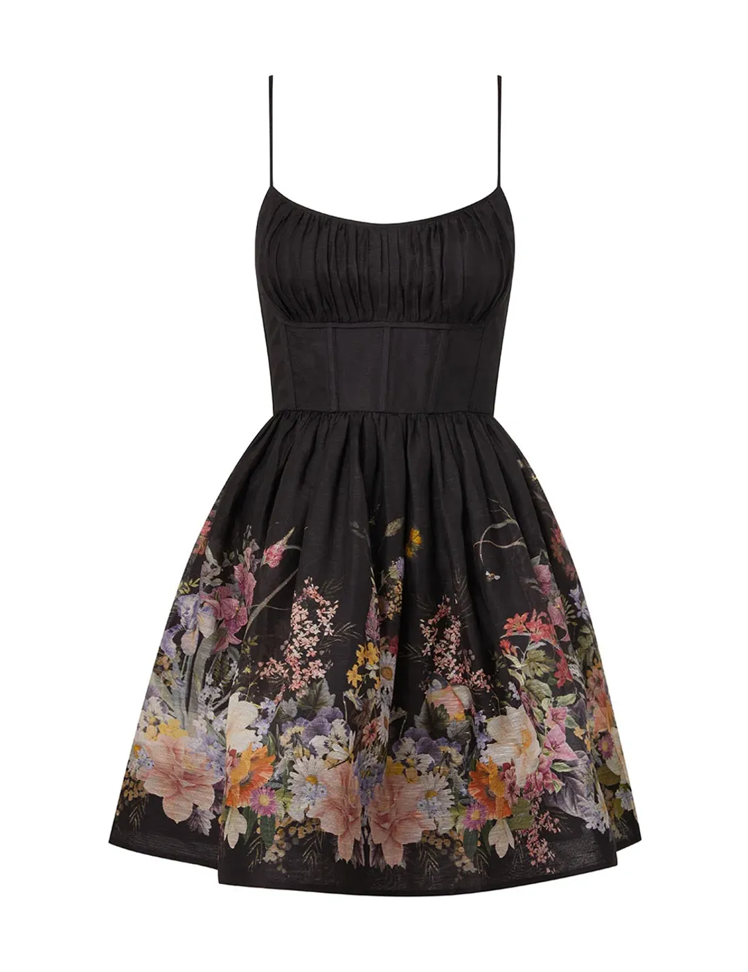 Zimmermann Natura Ruched Mini Dress in Black Wild Flowers Size 0 / AU 8 for rent on The Volte - main image