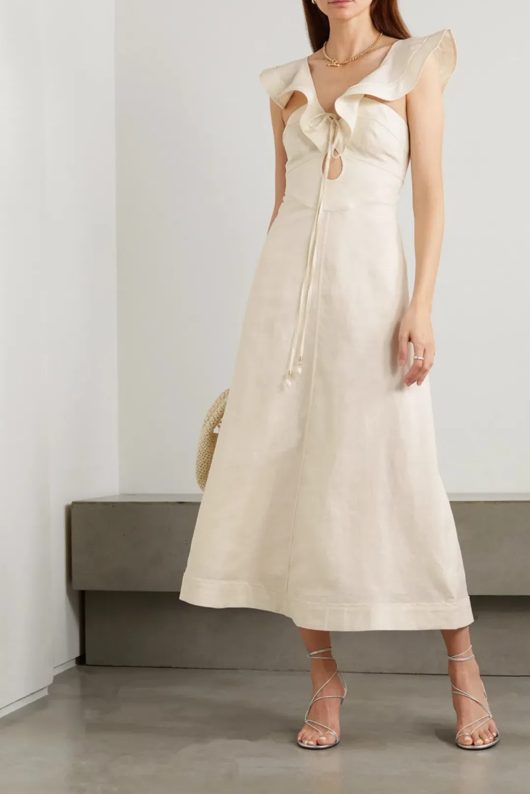 Zimmermann Halcyon Cutout Ruffled Shell-Embellished Linen Midi Dress Cream Size 3 /Best Fits AU 12 for rent on The Volte - main image