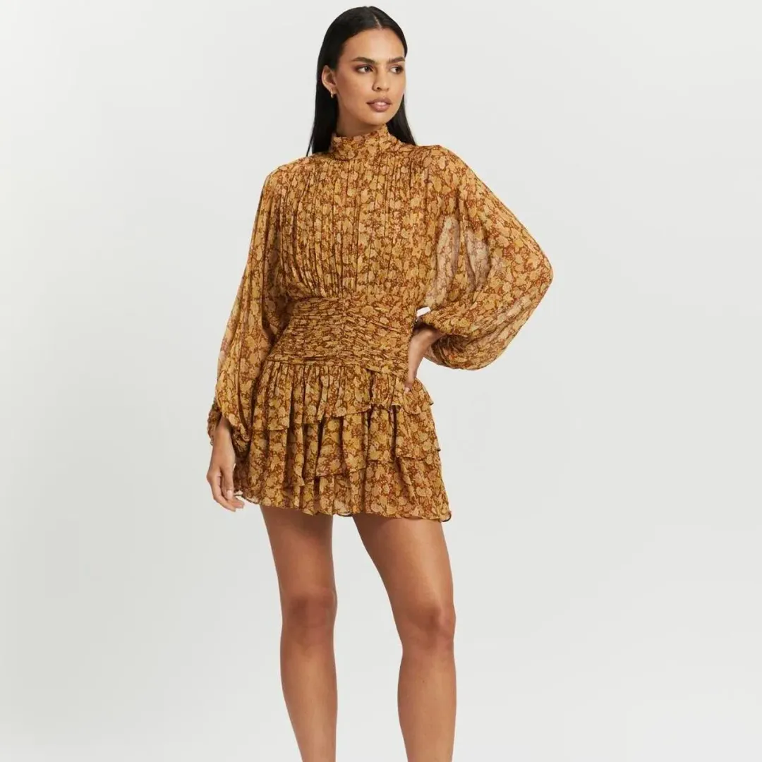 Shona Joy Sunset Long Sleeve Ruched Mini Dress Floral Size 8 for rent on The Volte - main image