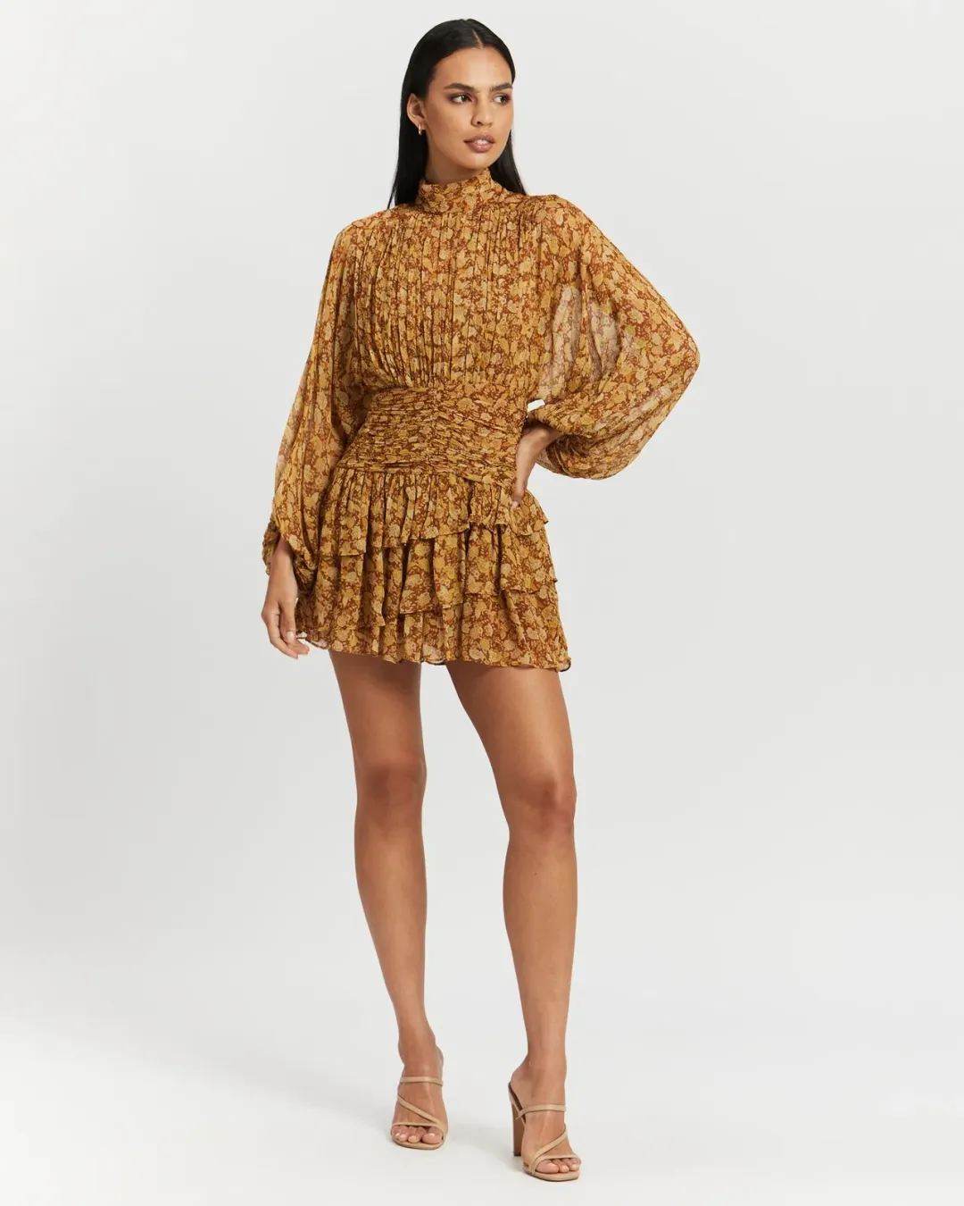 Shona Joy Sunset Long Sleeve Ruched Mini Dress Floral Size 8 for rent on The Volte - main image
