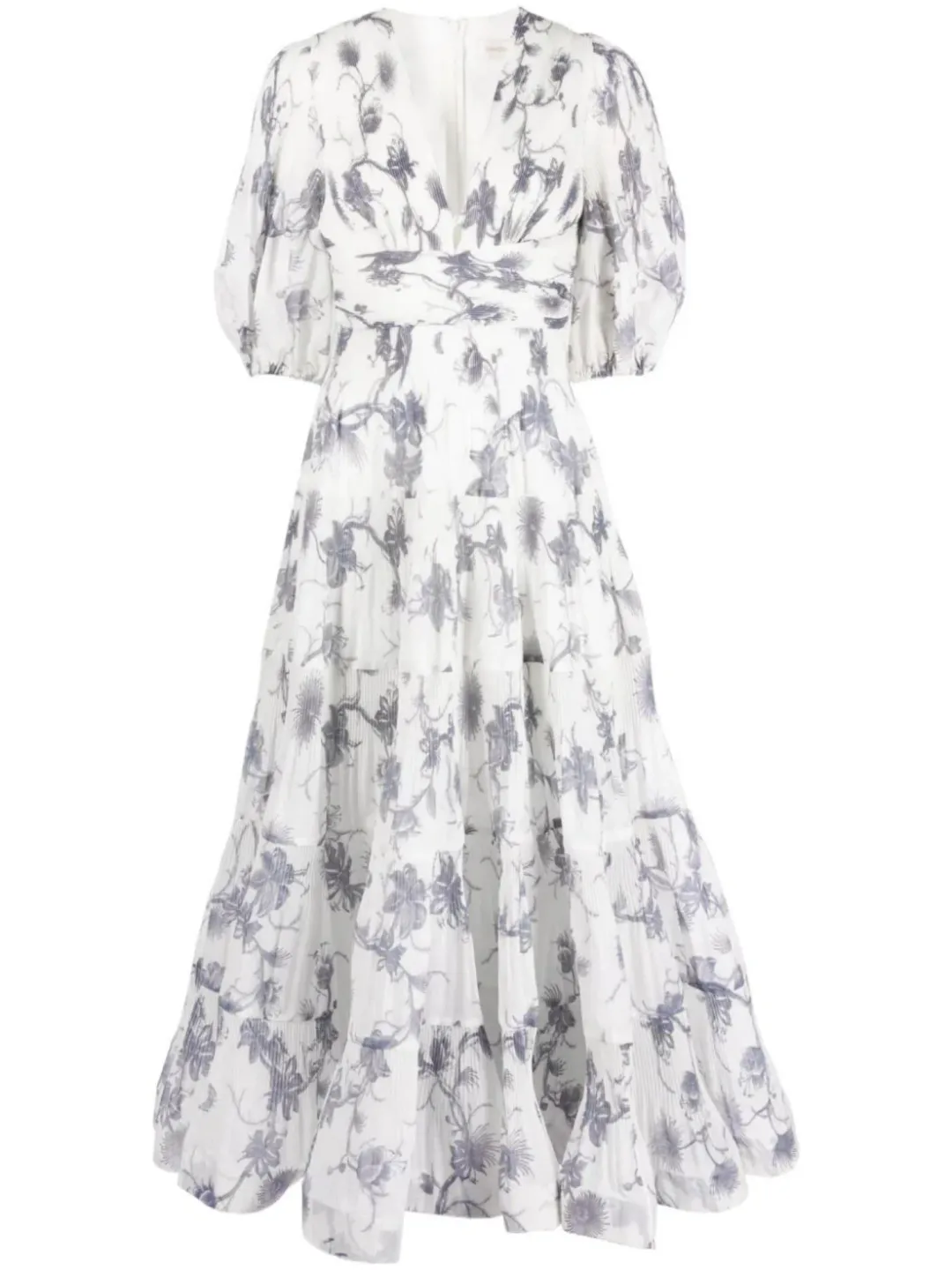 Zimmermann Pleated Midi Dress White Navy Floral Size 4/ Size AU 14 for rent on The Volte - main image