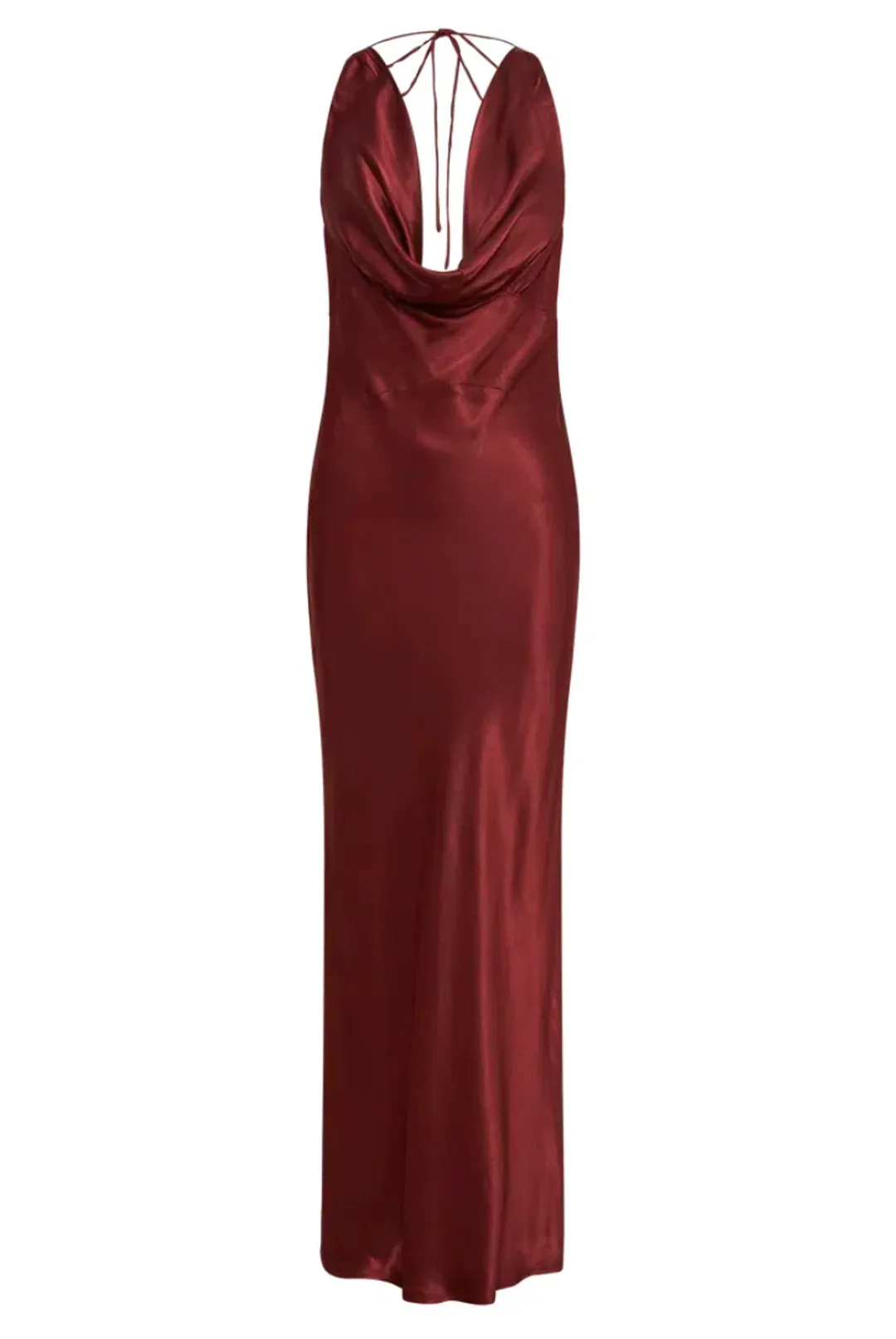 MESHKI Angelique Satin Cowl Back Maxi Dress Berry in Size S / AU 8 for rent on The Volte - main image
