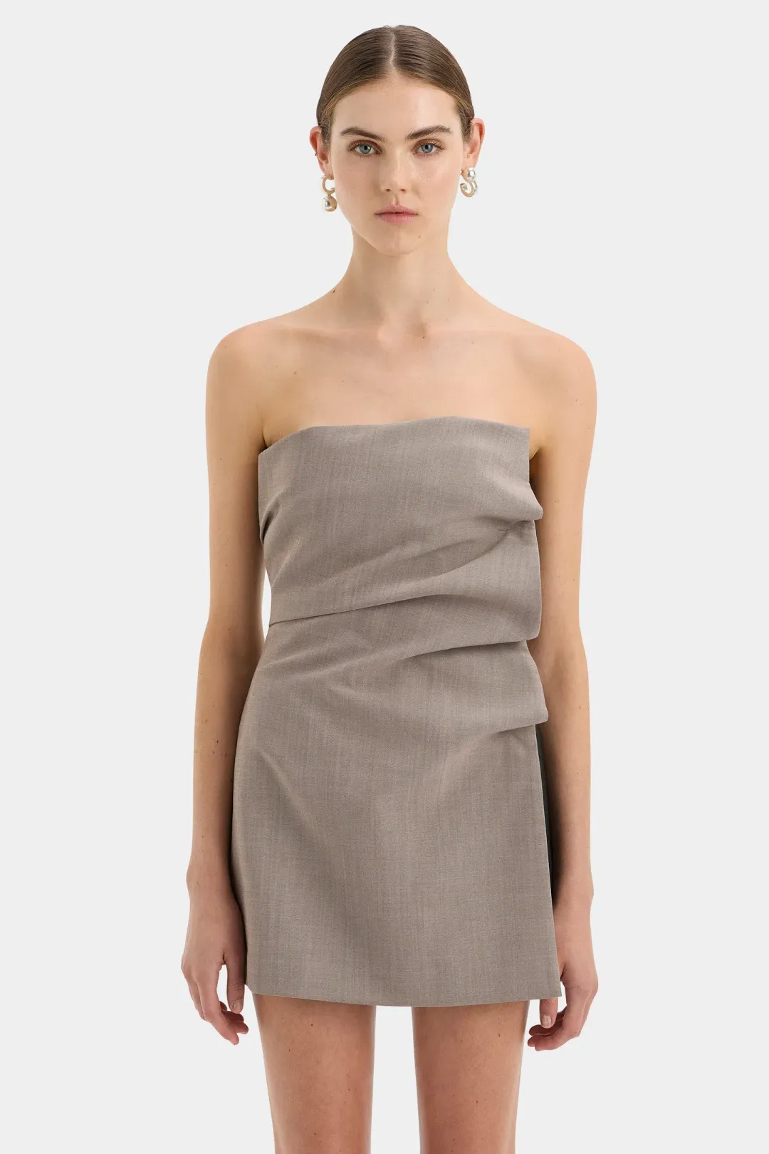 Sir the Label Leonardo Pleated Mini Dress Taupe Size 2 /Au 10  for rent on The Volte - main image