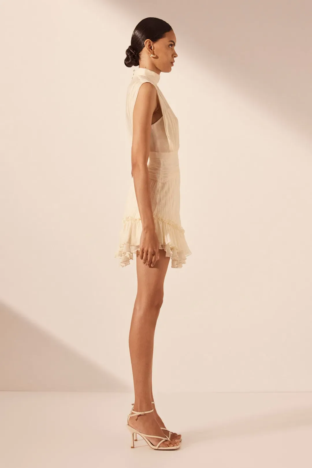 Shona Joy Victoria Sleeveless Ruched Mini Dress Cream Size 10 for rent on The Volte - main image