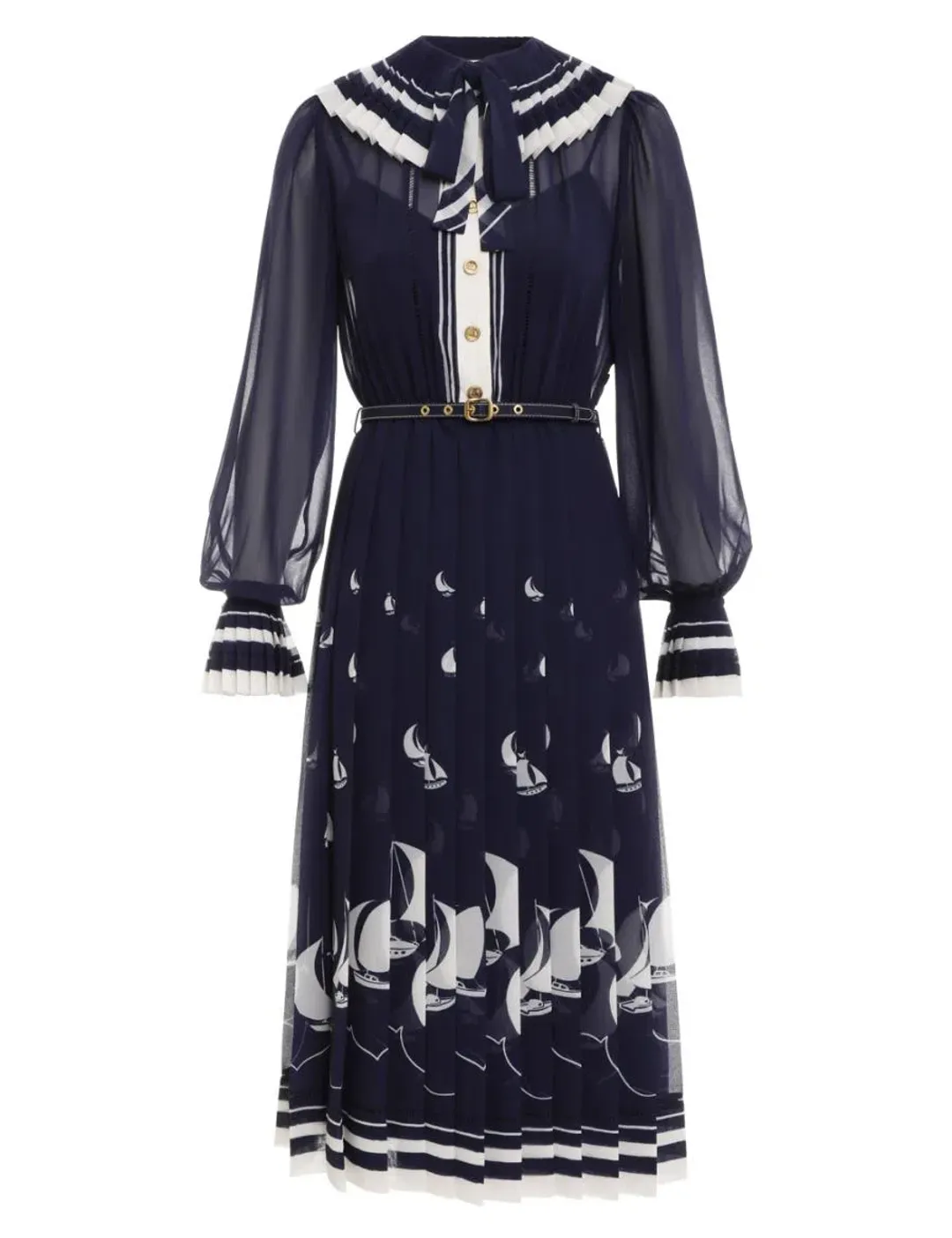  Zimmermann Pleated Tie Neck Midi Dress Moonlight Sailboats Size 0P / AU 6  for rent on The Volte - main image