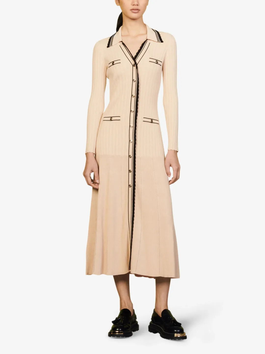 Sandro Alexandrine Ribbed Knit Midi Dress Beige Size 6 AU for rent on The Volte - main image