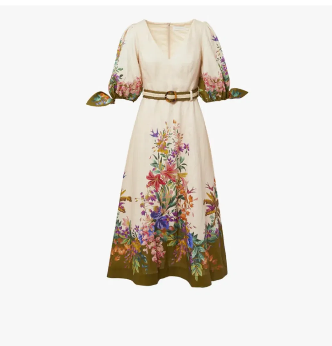 Zimmermann Tropicana Tie Sleeve Midi Dress Cream Floral Size 0P / AU 6 for rent on The Volte - main image