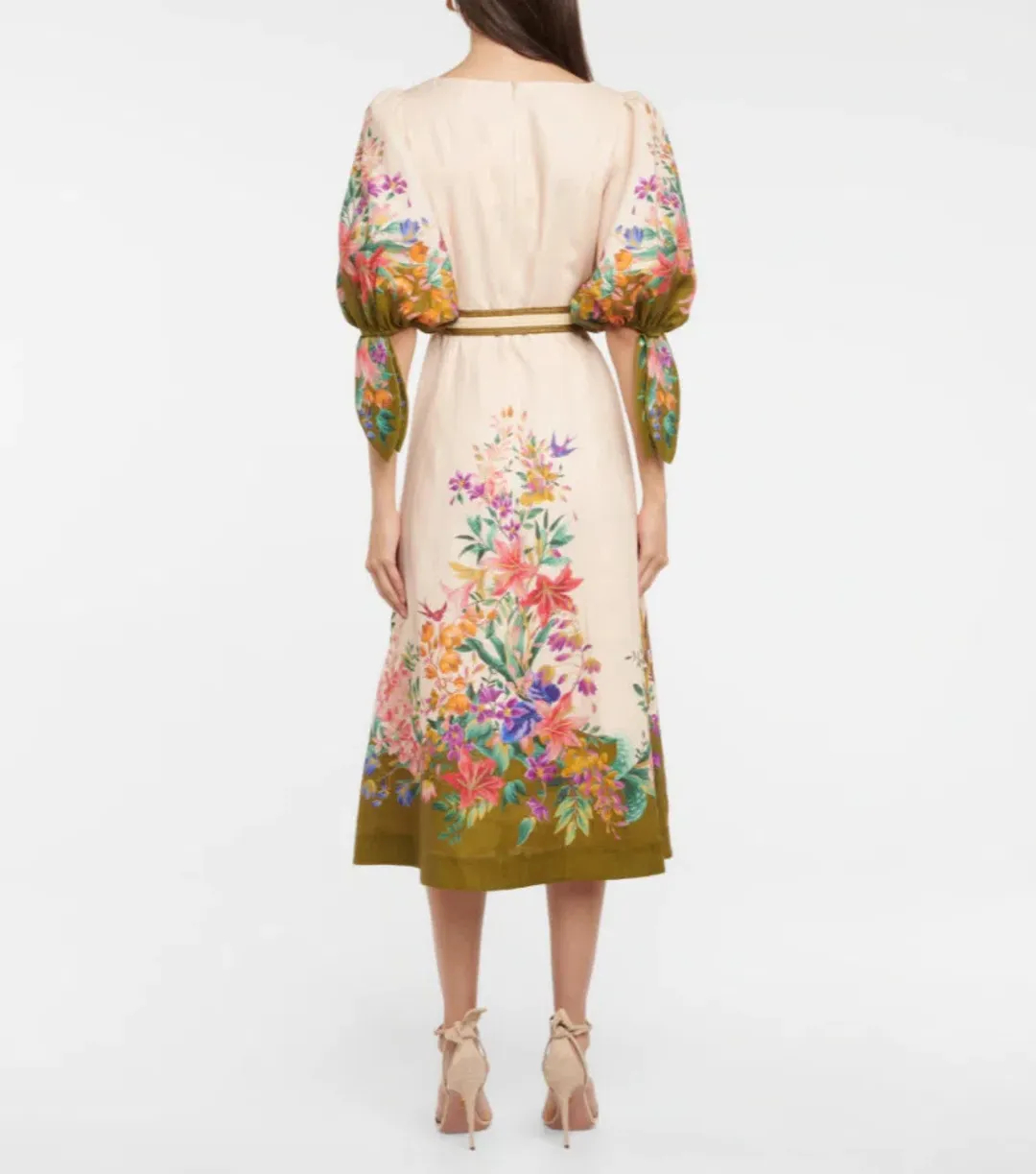 Zimmermann Tropicana Tie Sleeve Midi Dress Cream Floral Size 0P / AU 6 for rent on The Volte - main image