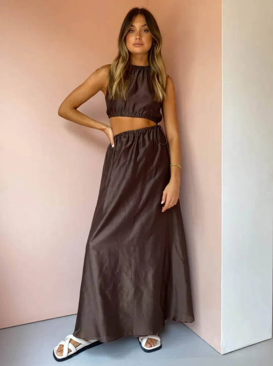 Sir the Label Anje Asymmetrical Cut Out Dress in Chocolate Size 1 / AU 8 for rent on The Volte - main image