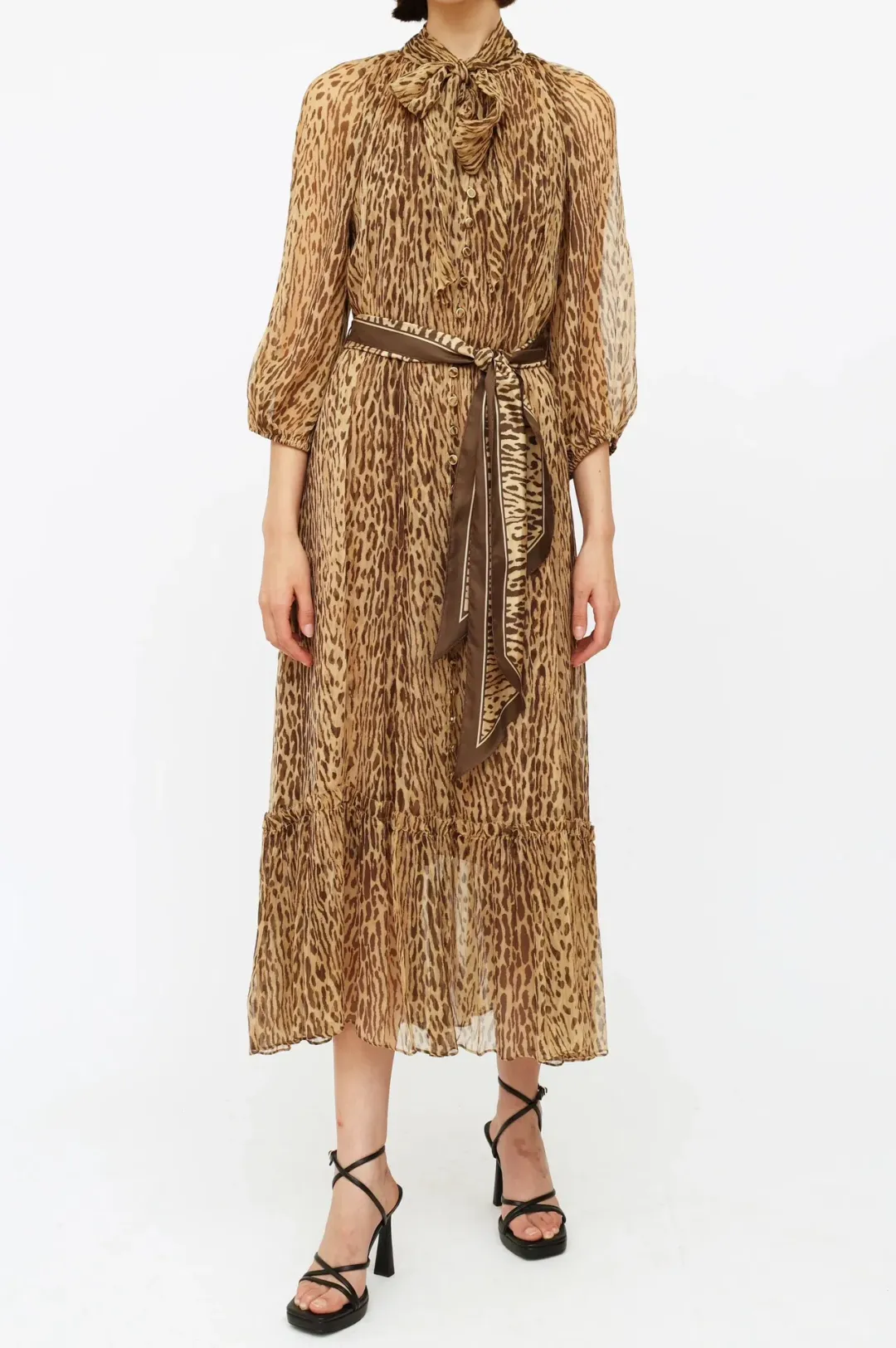 Zimmermann Espionage Tie Neck Silk Midi Dress Leopard Print Size 1 / AU 10 for rent on The Volte - main image