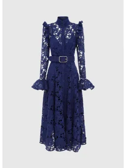 Leo Lin Aliyah Lace Butterfly Sleeve Midi Dress in Oxford Blue Size AU 12 for rent on The Volte - image 1
