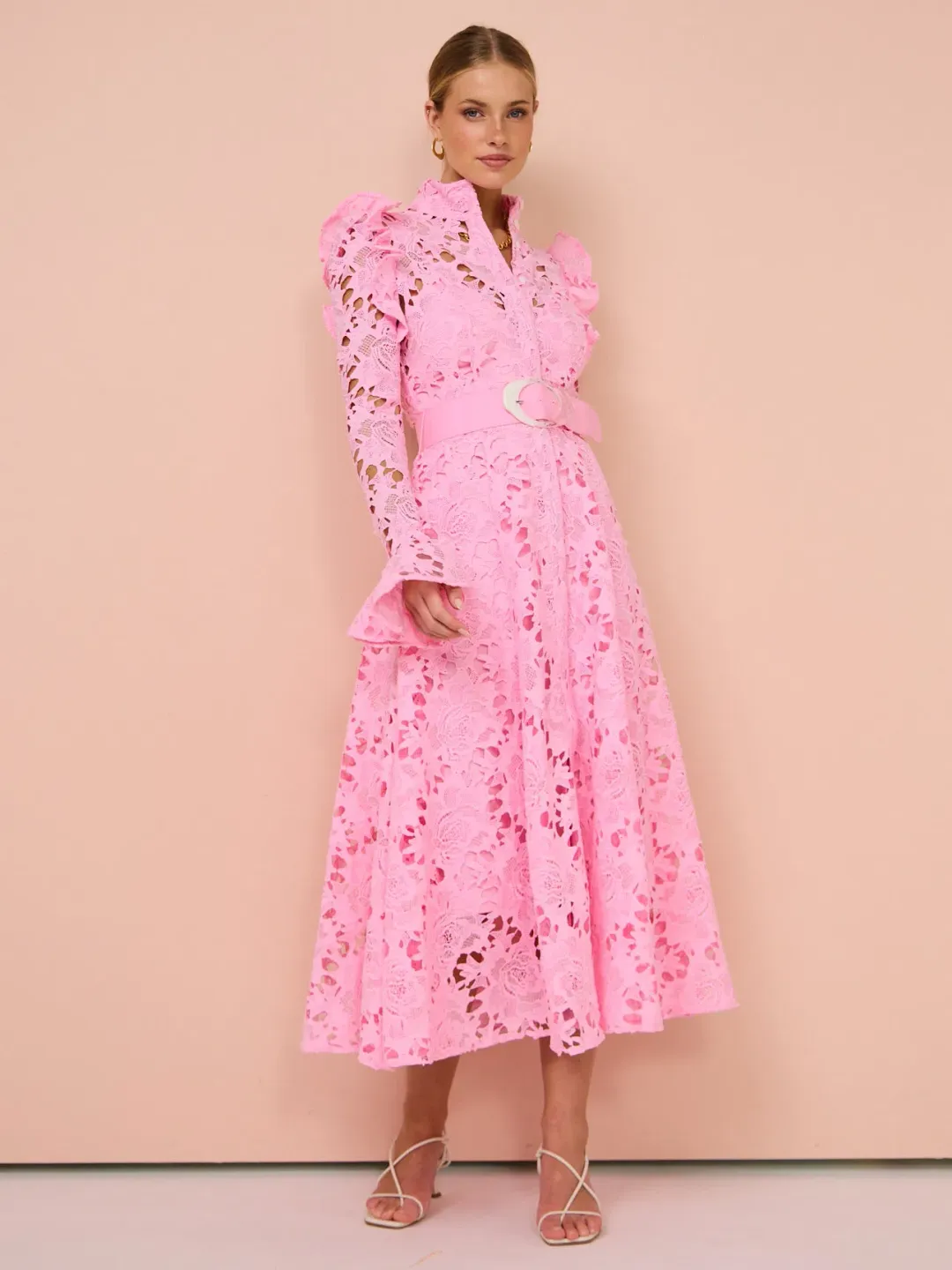 Leo Lin Aliyah Lace Butterfly Sleeve Midi Dress Candy Pink Size AU 8 for rent on The Volte - main image