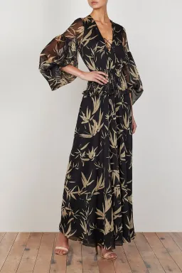 Shona Joy Monterey Shirred Lace Up Maxi Dress in Black/Wheat Print Size AU 8 for rent on The Volte - image 3