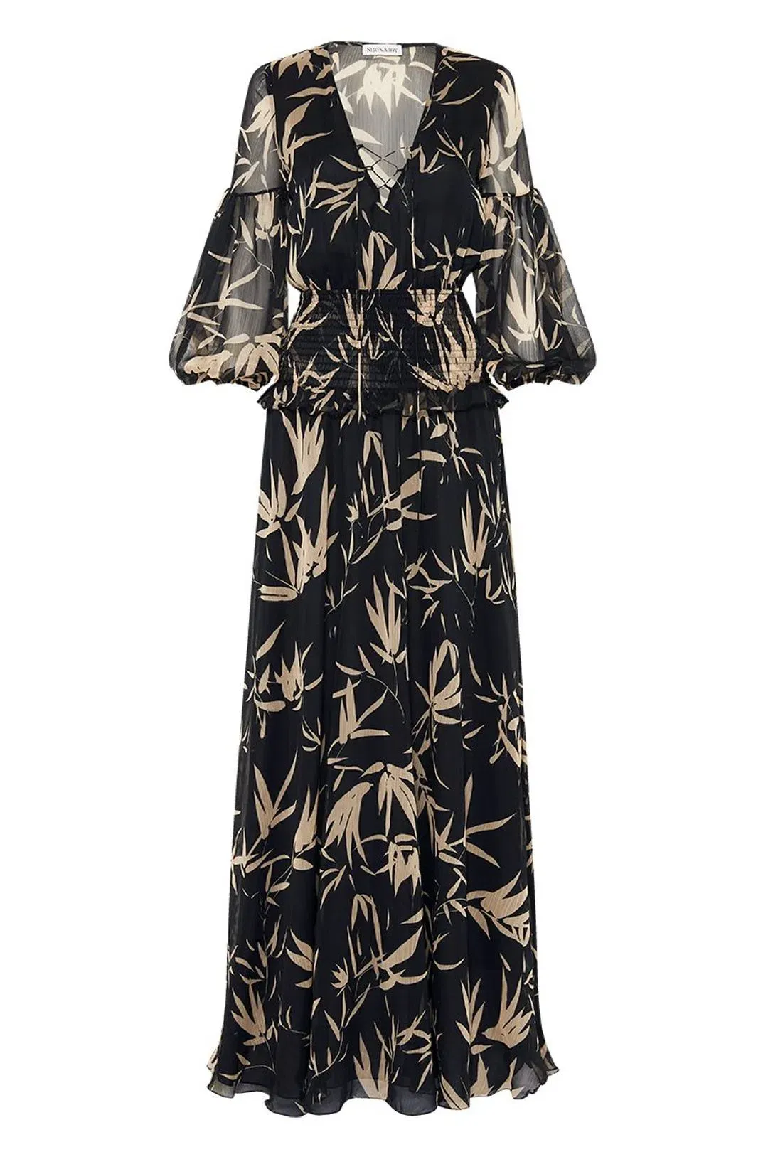 Shona Joy Monterey Shirred Lace Up Maxi Dress in Black/Wheat Print Size AU 8 for rent on The Volte - main image