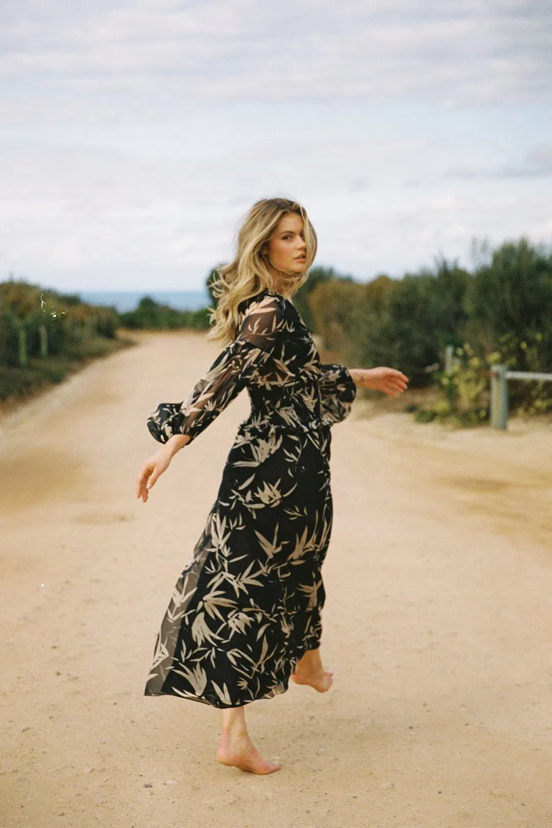 Shona Joy Monterey Shirred Lace Up Maxi Dress in Black/Wheat Print Size AU 8 for rent on The Volte - main image