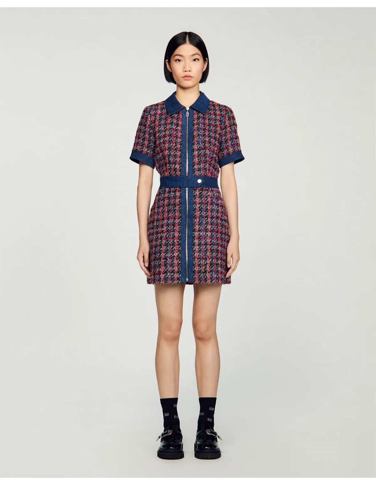 Sandro Denim Tweed Mini Dress Multi Size 12 AU for rent on The Volte - main image