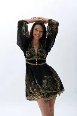 Camilla The Night Is Noir Curved Waistband Short Dress in Black Size S / AU 10 for rent on The Volte - image 2