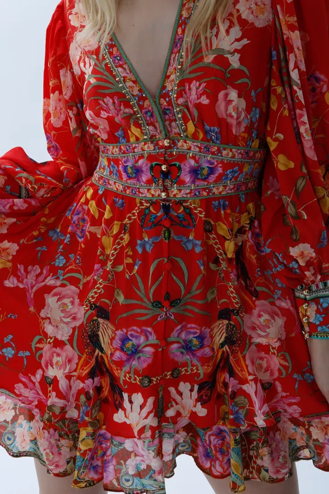 Camilla Button Front Frill Short Dress in Ruffle Some Feathers Print Size 10 for rent on The Volte - main image