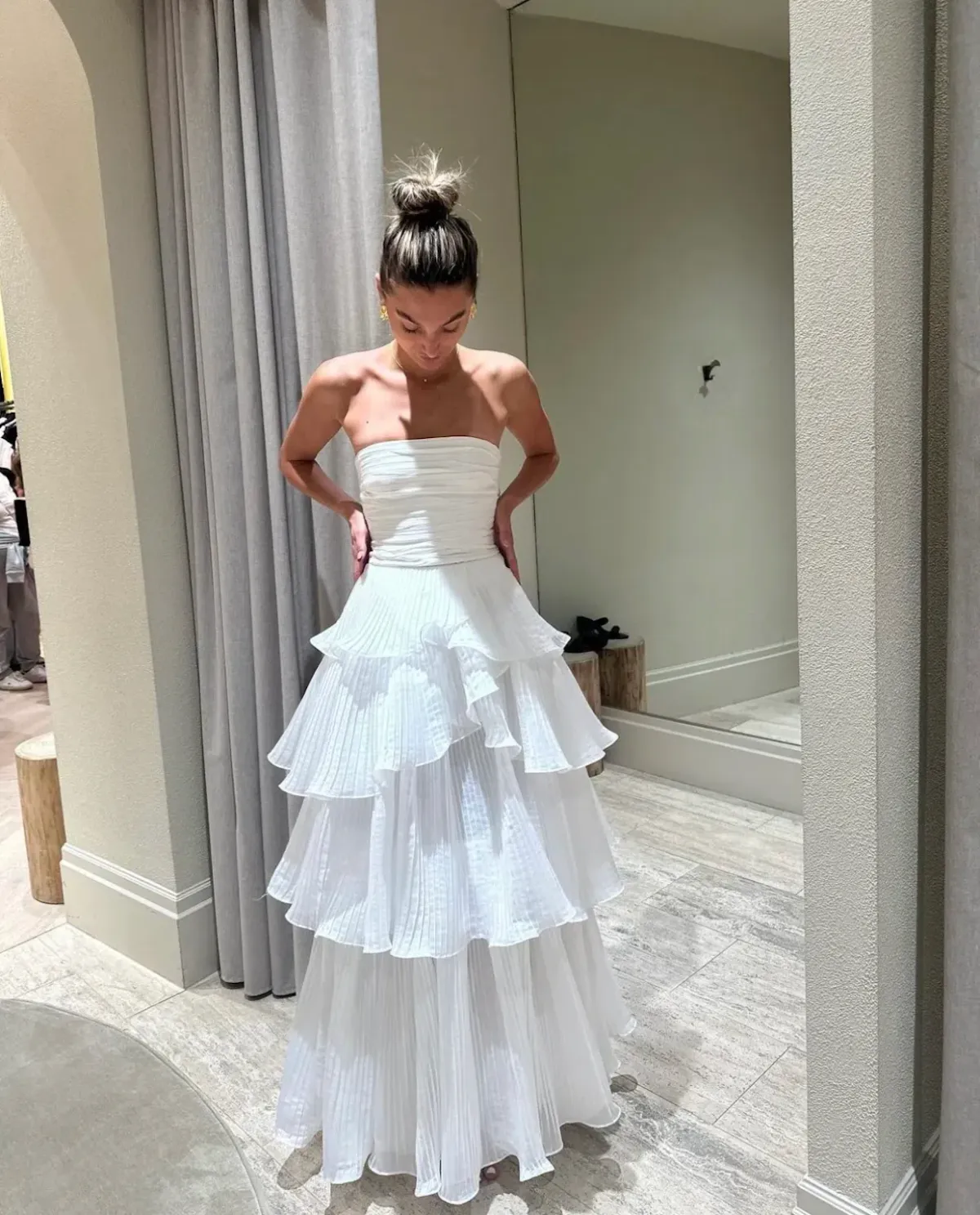 Aje Sunbeam Ruched Bustier and Cosmos Tiered Maxi Skirt Set Ivory Size 8 for rent on The Volte - main image