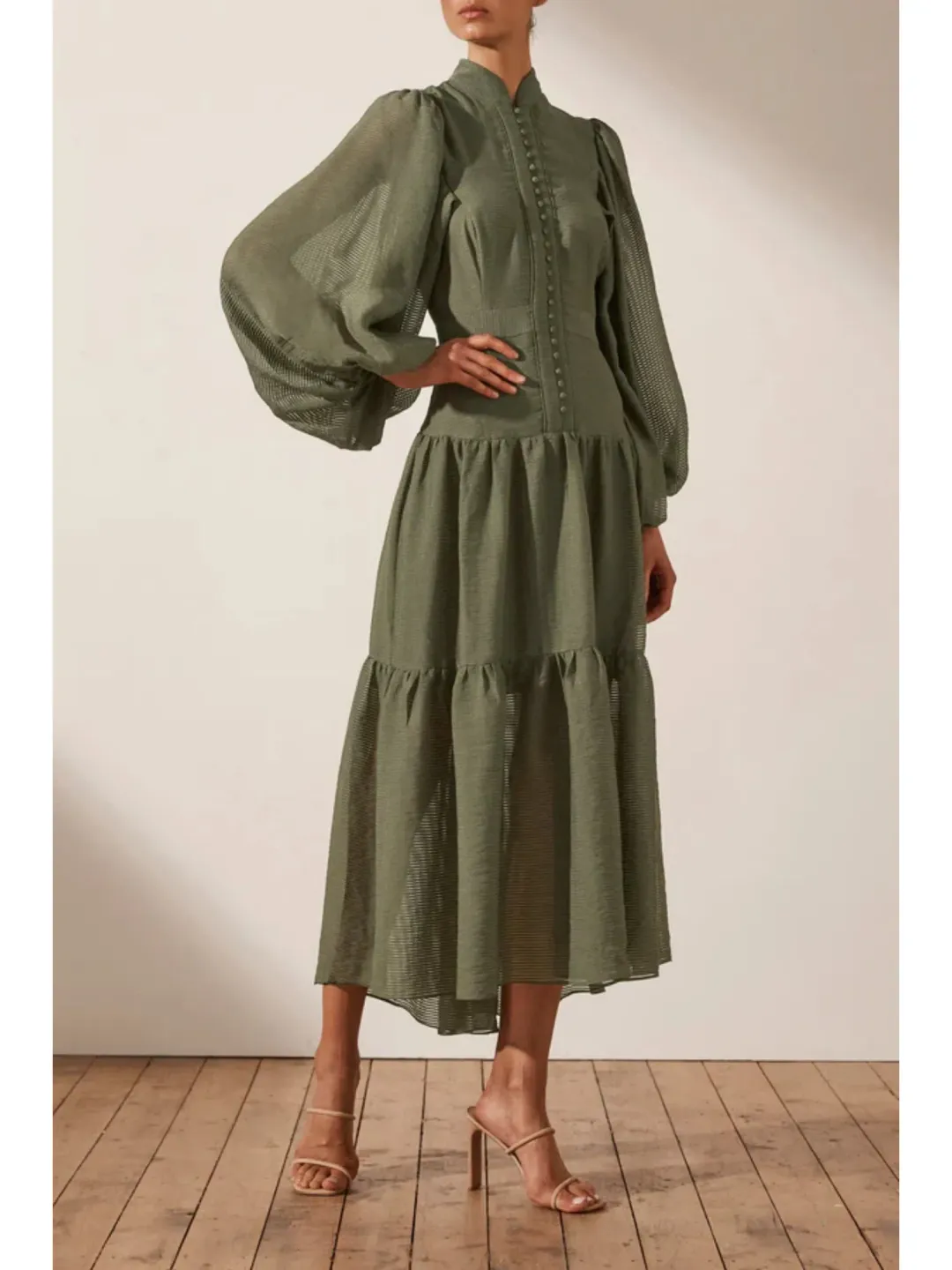 Shona Joy Charlotte High Neck Midi Dress Khaki Size AU 16 for rent on The Volte - main image