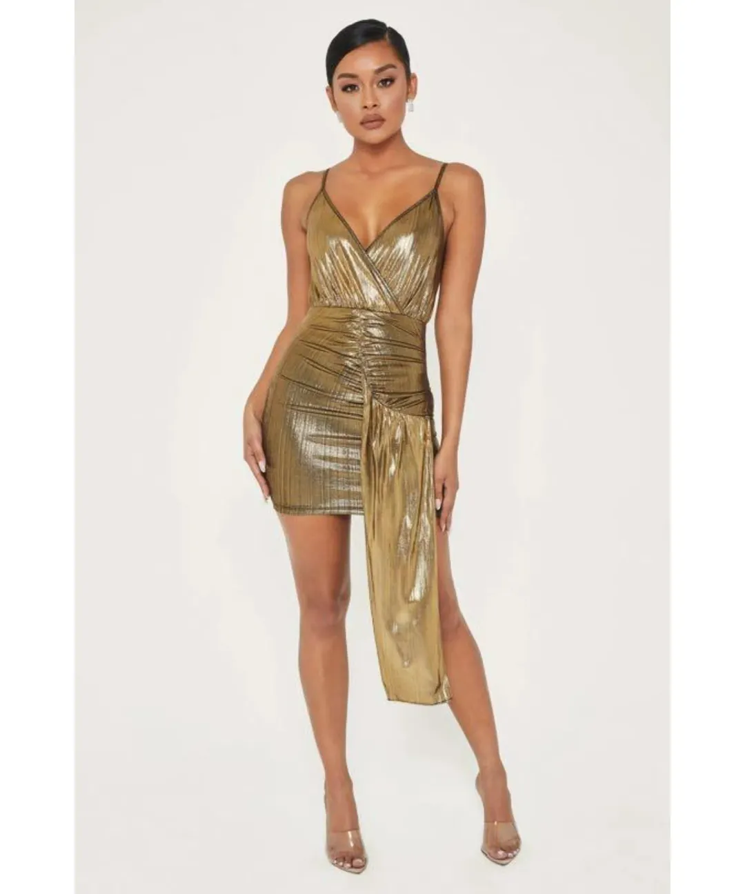 Meshki Dante Drape Wrap Mini Dress In Gold Size S / AU 8 for rent on The Volte - main image