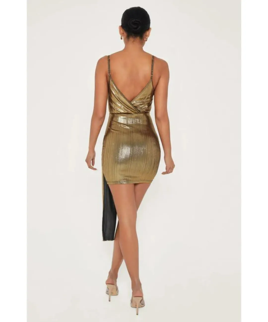 Meshki Dante Drape Wrap Mini Dress In Gold Size S / AU 8 for rent on The Volte - main image