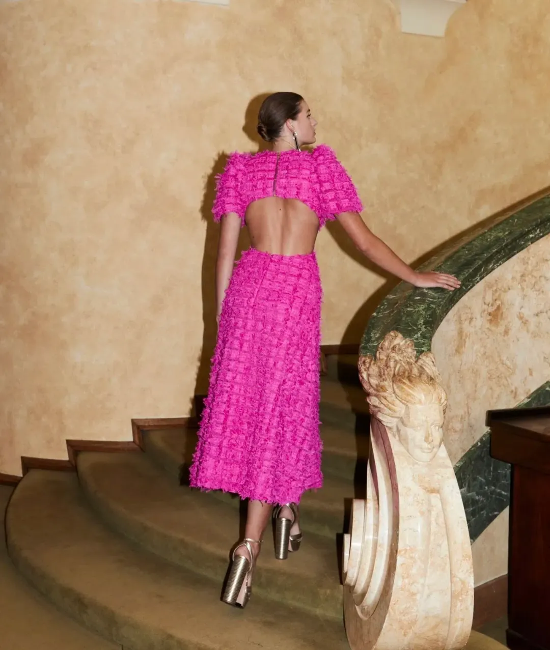 Rebecca Vallance Cherie Amour Puff Sleeve Midi Dress in Hot Pink Size 8 for rent on The Volte - main image