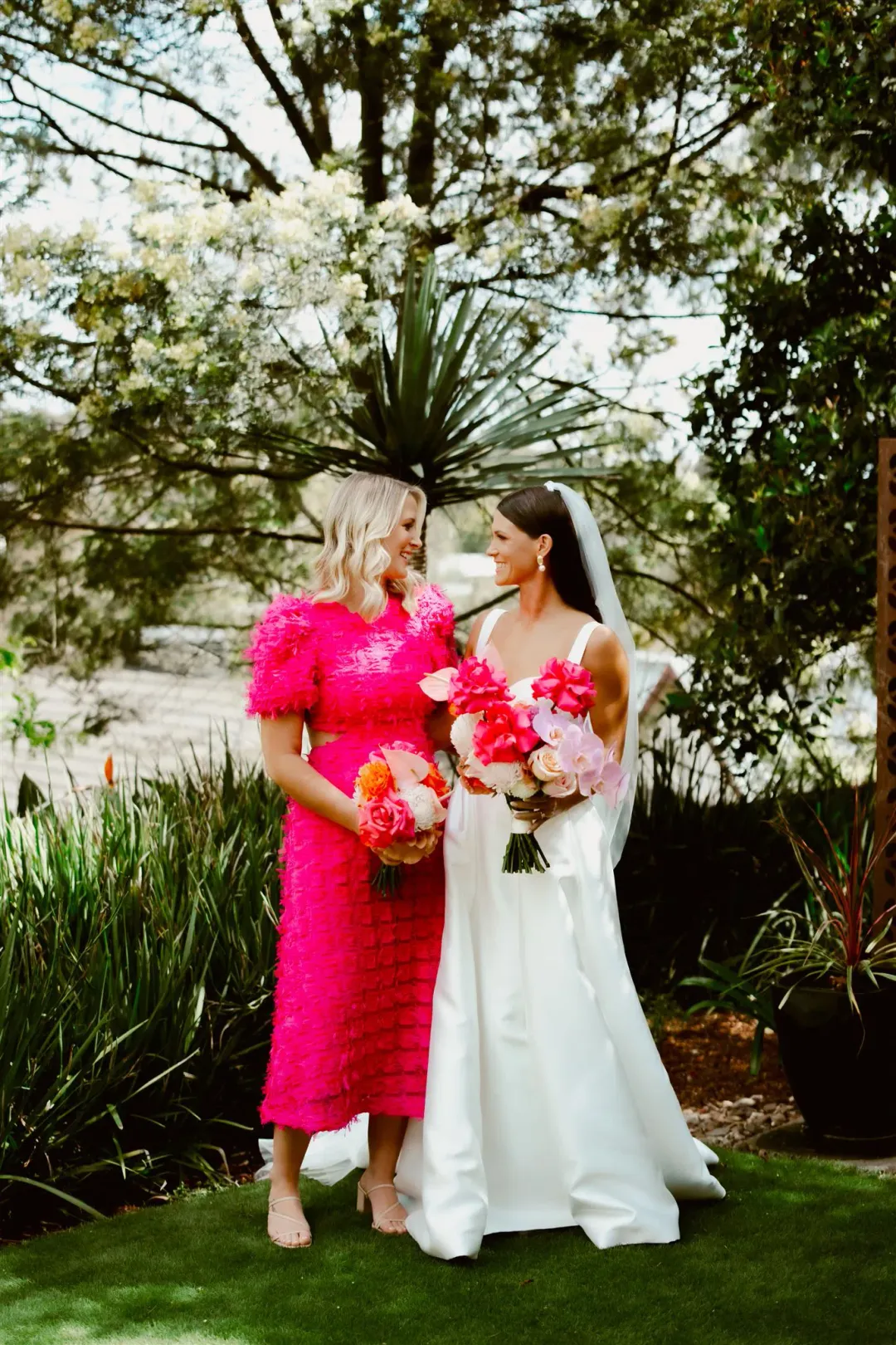 Rebecca Vallance Cherie Amour Puff Sleeve Midi Dress in Hot Pink Size 8 for rent on The Volte - main image