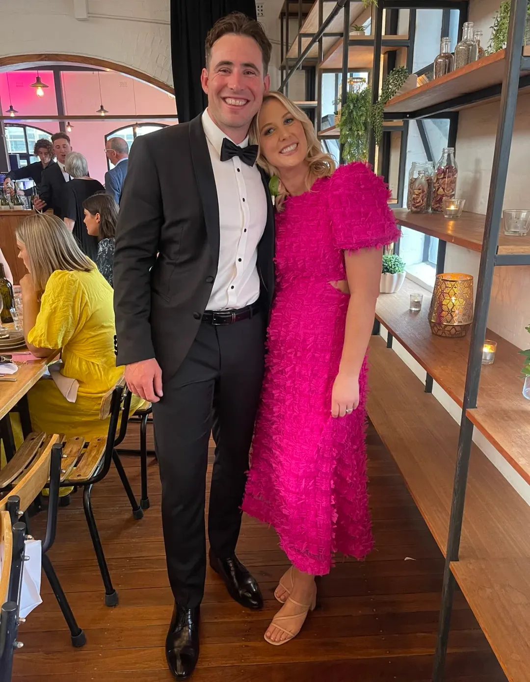 Rebecca Vallance Cherie Amour Puff Sleeve Midi Dress in Hot Pink Size 8 for rent on The Volte - main image