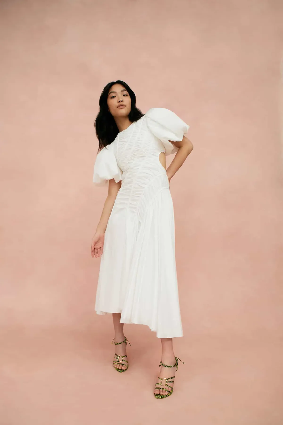 Aje Siren Drawstring Midi Dress Ivory Size 6 for rent on The Volte - main image
